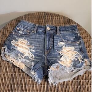 American Eagle Hi-Rise Festival Shorts Sz 0 Dark Denim Cutoffs Crochet Pockets